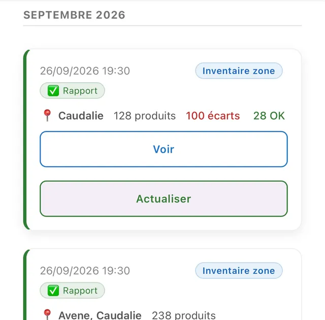 Onglet Inventaires sur téléphone : rapports groupés par mois, boutons Voir et Actualiser