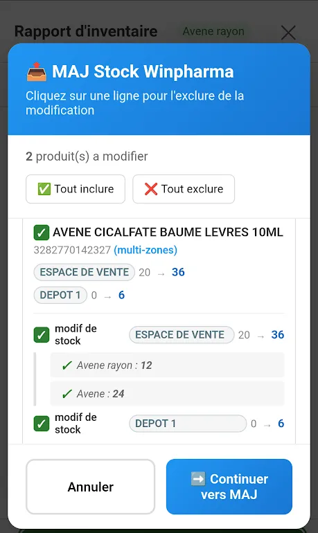 Fenêtre de mise à jour du stock, une ligne par espace