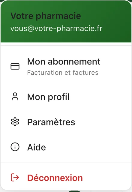 Menu roue dentée : Mon abonnement (facturation et factures), Mon profil, Paramètres, Aide, Déconnexion