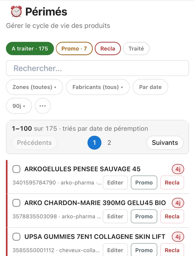 Onglet Périmés : étapes À traiter, Promo, Recla, Traité, filtres et liste des produits