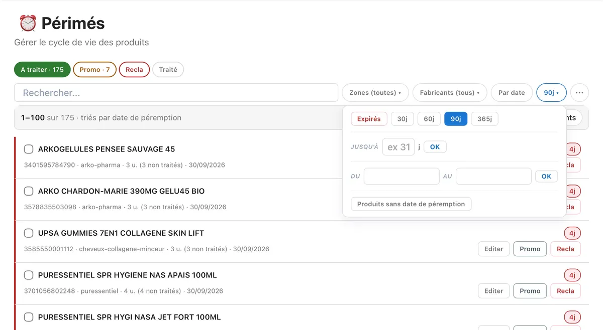 Filtre de seuil ouvert : Expirés, 30j, 60j, 90j, 365j, jusqu'à, du au, produits sans date