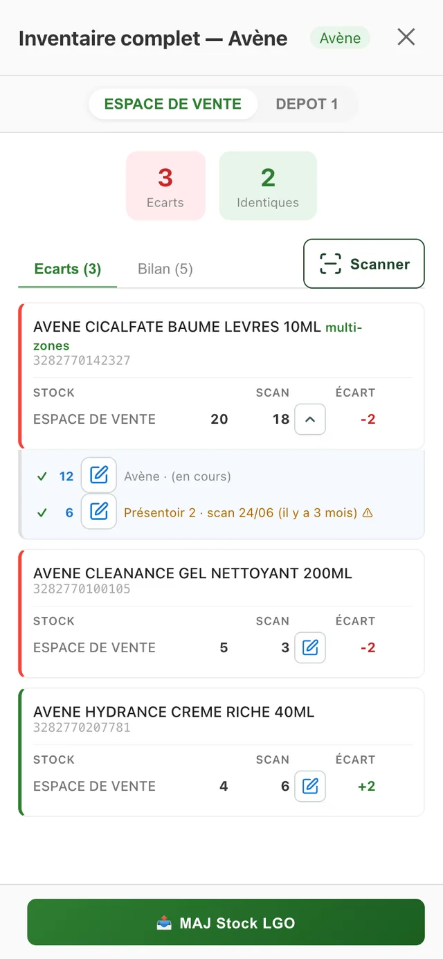 Rapport d'inventaire sur téléphone : espaces de stockage, écarts, bouton Scanner, cartes produit avec détail par zone