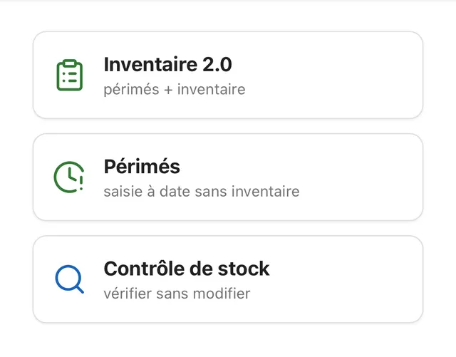 Accueil de l'onglet Scan : Inventaire 2.0, Périmés, Contrôle de stock