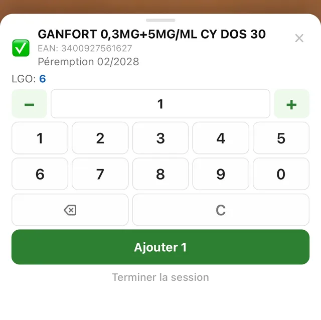 Feuille de scan : produit, date, stock du logiciel, pavé numérique, bouton Ajouter
