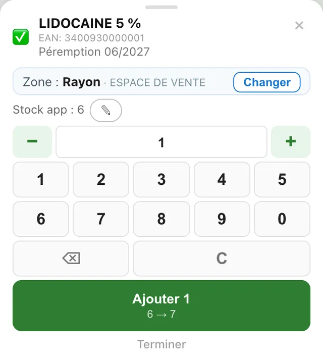 Feuille de scan du rapport : zone Rayon avec Changer, Stock app 6 avec son crayon, bouton Ajouter 1, 6 vers 7