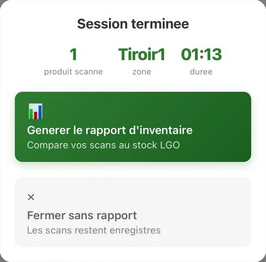 Fenêtre Session terminée : générer le rapport ou fermer sans rapport