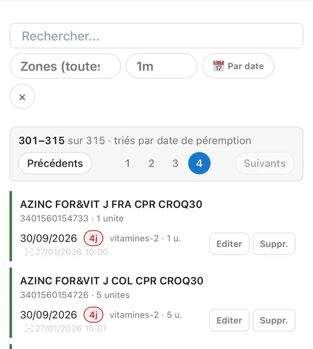 Onglet Stock : recherche, filtres et liste des produits avec boutons Editer et Suppr.